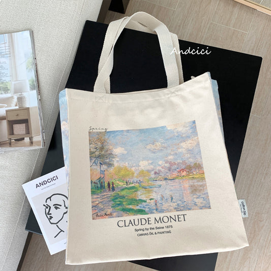 Claude Monet "Spring by the Seine, 1875" Canvas Tote Bag with Zip - Andcici