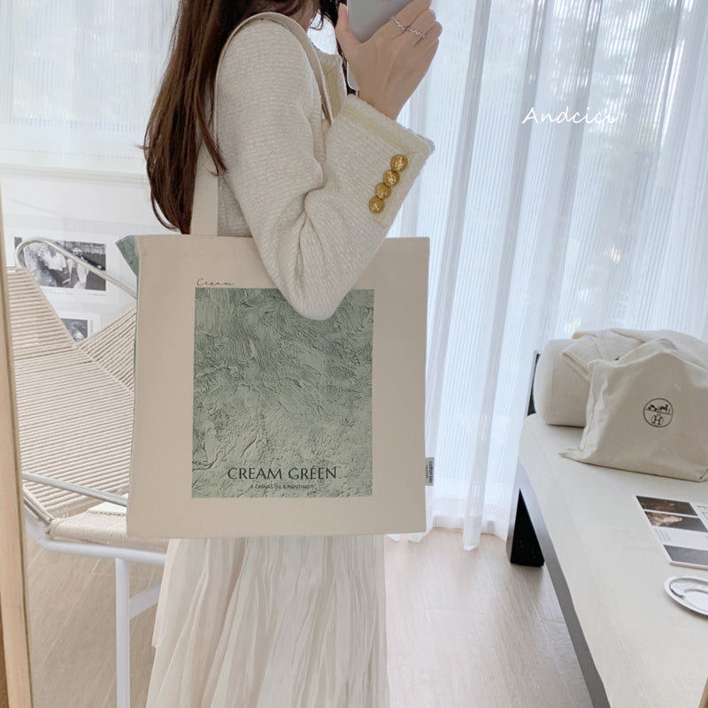 Cream Green Abstract Art Canvas Tote Bag with Zip