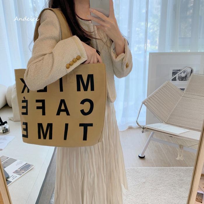 Milk Café Time Aesthetic Canvas Tote Bag with Zip - Andcici