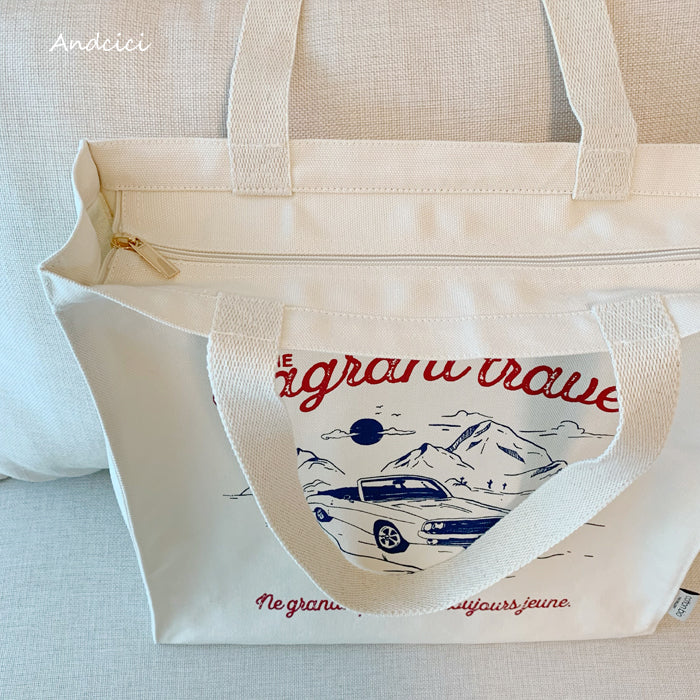 Retro Automotive Canvas Tote Bag with Zip