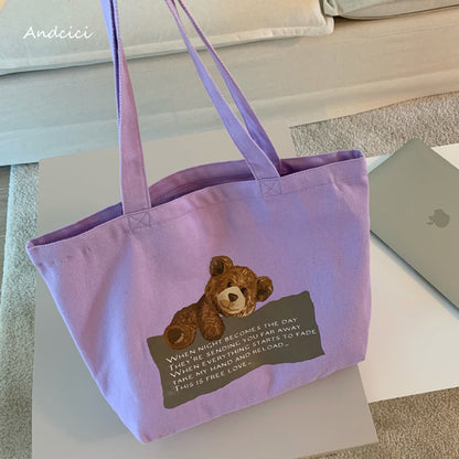 Free Love Bear Art Canvas Tote Bag with Zip