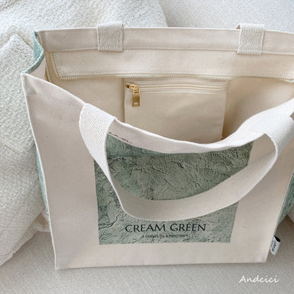 Cream Green Abstract Art Canvas Tote Bag with Zip