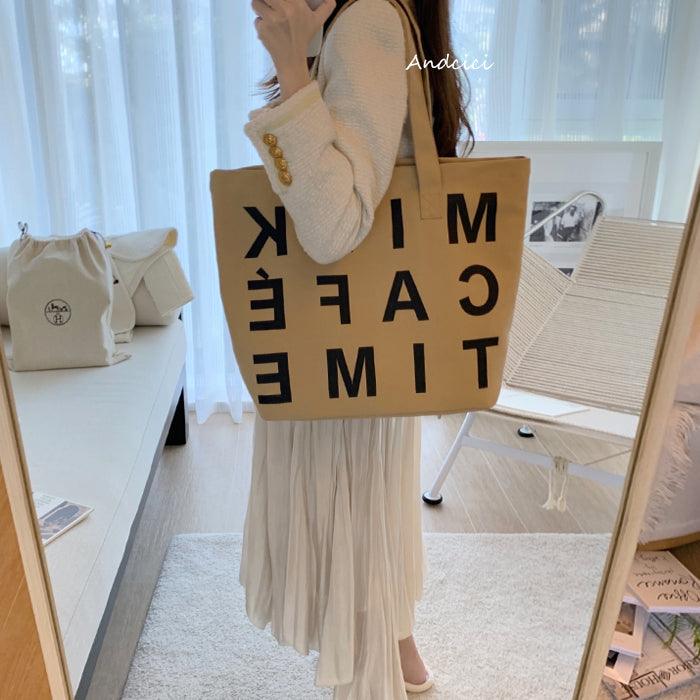 Milk Café Time Aesthetic Canvas Tote Bag with Zip - Andcici