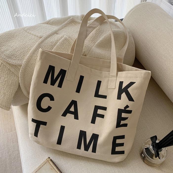 Milk Café Time Aesthetic Canvas Tote Bag with Zip - Andcici