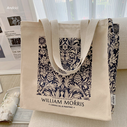 William Morris Navy Blue Botanical Canvas Tote Bag with Zip - Andcici