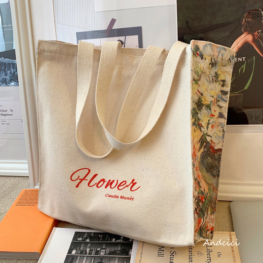 Claude Monet Flower Theme Panel Art Canvas Tote Bag with Zip - Andcici