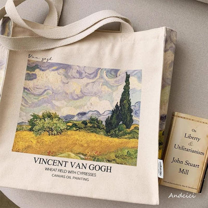 Vincent Van Gogh Wheat Field with Cypresses, 1889 Shoulder Canvas Tote Bag with Zip - Andcici