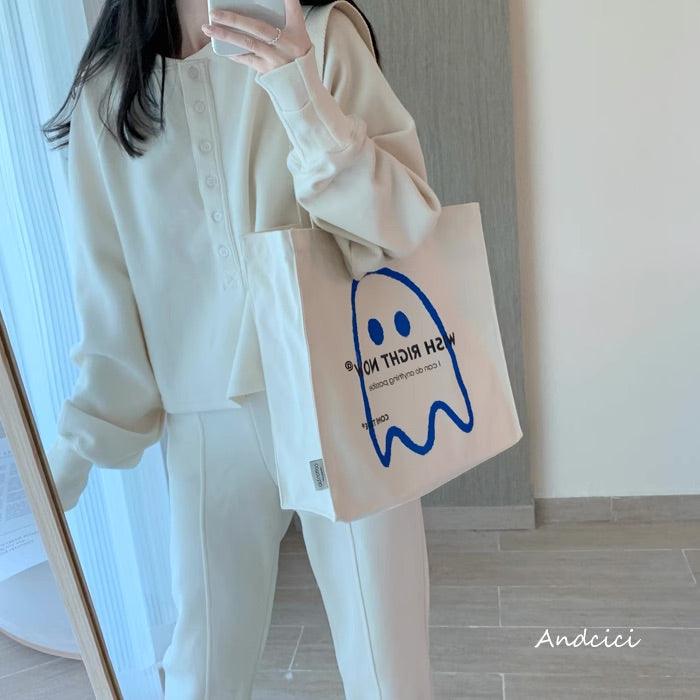 The Friendly Affirmation Ghost Cute Art Canvas Tote Bag with Zip - Andcici