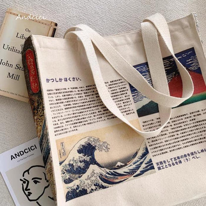 Katsushika Hokusai The Great Wave & Red Fuji Shoulder Canvas Tote Bag with Zip - Andcici