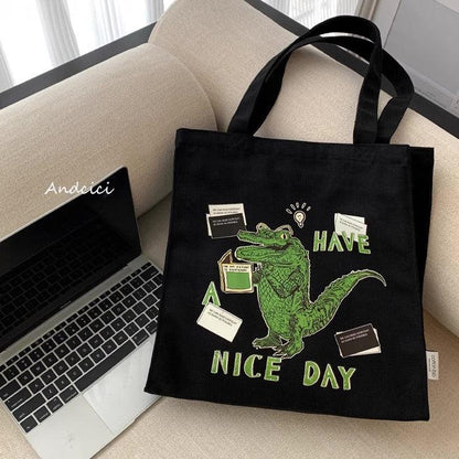 "Have A Nice Day" Crocodile Abstract Art Canvas Tote Bag with Zip - Andcici