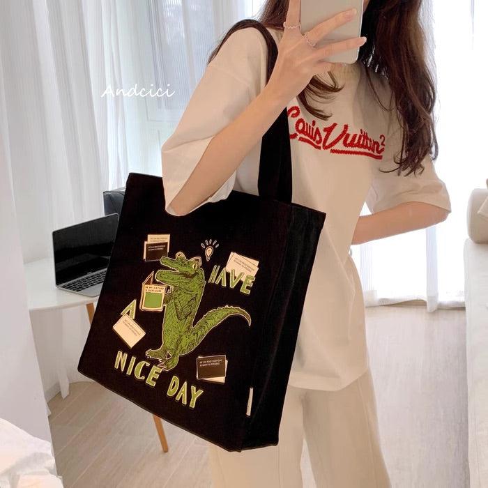 "Have A Nice Day" Crocodile Abstract Art Canvas Tote Bag with Zip - Andcici