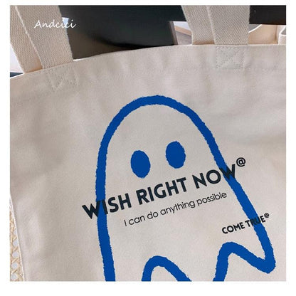 The Friendly Affirmation Ghost Cute Art Canvas Tote Bag with Zip - Andcici