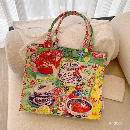 The Tea Party Oil Painting Tote Bag with Zip - Andcici