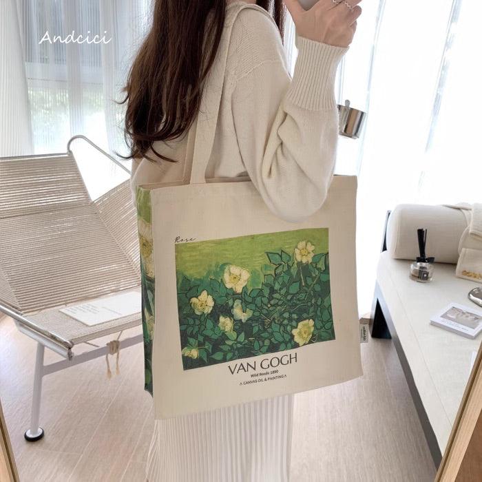 Vincent Van Gogh Wild Roses, 1890 Shoulder Canvas Tote Bag with Zip - Andcici