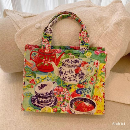 The Tea Party Oil Painting Tote Bag with Zip - Andcici