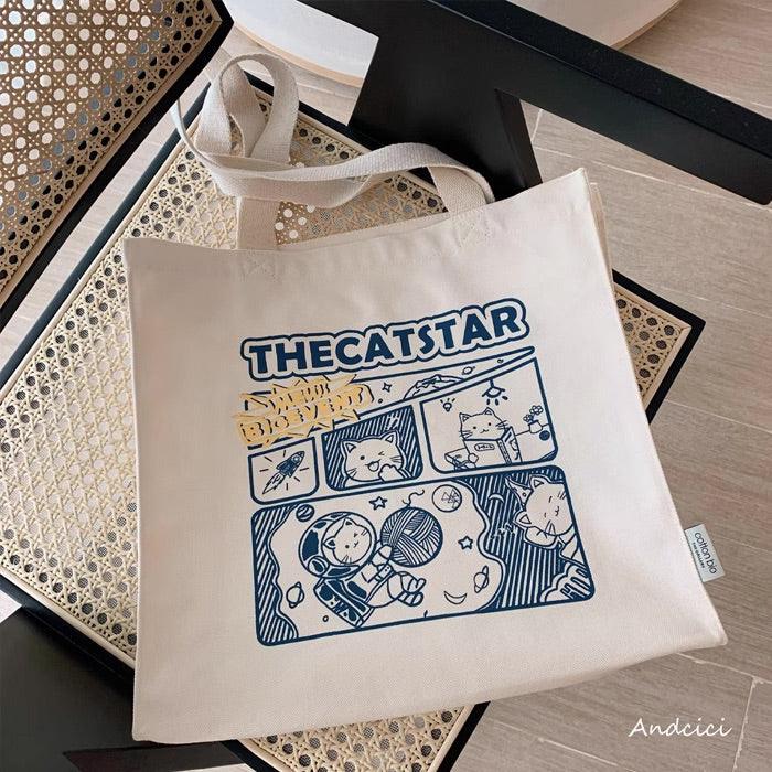 THE CAT STAR Cute Cat Comic Art Canvas Tote Bag with Zip - Andcici