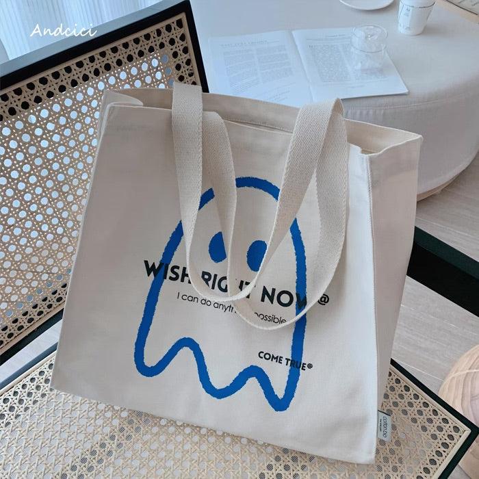 The Friendly Affirmation Ghost Cute Art Canvas Tote Bag with Zip - Andcici