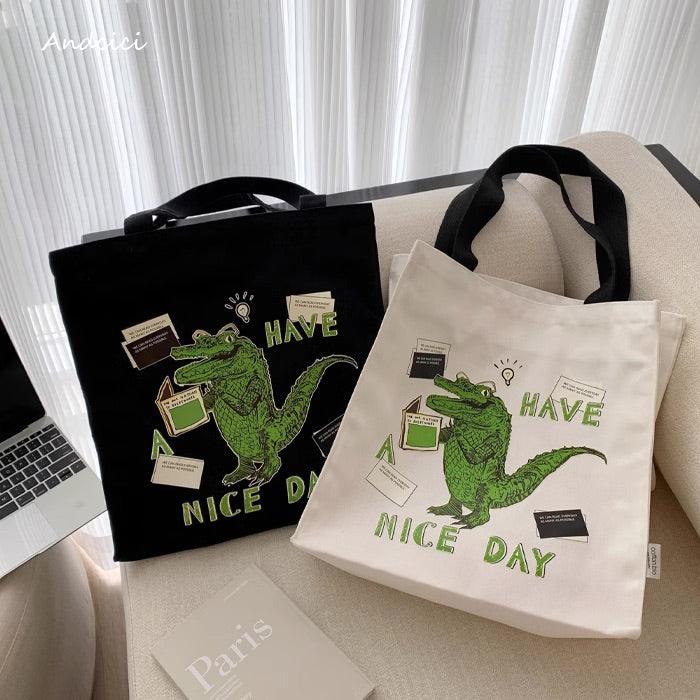 "Have A Nice Day" Crocodile Abstract Art Canvas Tote Bag with Zip - Andcici