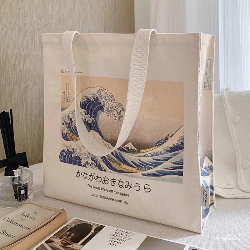 Katsushika Hokusai The Great Wave off Kanagawa, 1831 Shoulder Canvas Tote Bag with Zip - Andcici