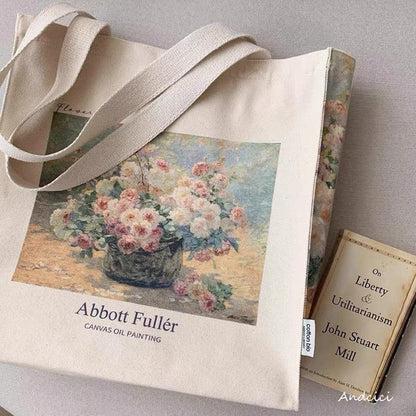 Abbott Fuller Graves Mixed Bouquet of Roses, 1920 Shoulder Canvas Tote Bag with Zip - Andcici