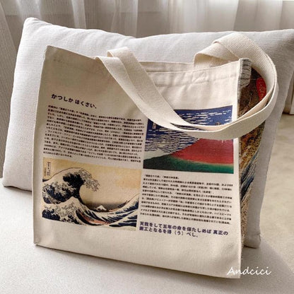 Katsushika Hokusai The Great Wave & Red Fuji Shoulder Canvas Tote Bag with Zip - Andcici