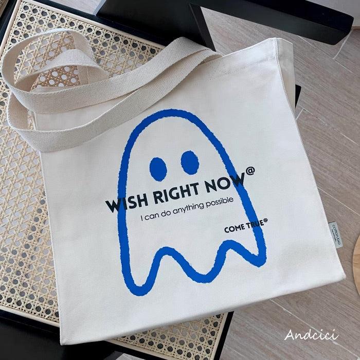 The Friendly Affirmation Ghost Cute Art Canvas Tote Bag with Zip - Andcici