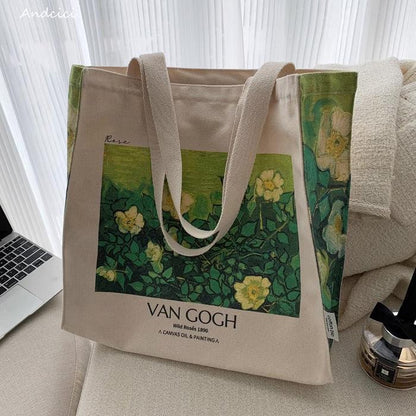 Vincent Van Gogh Wild Roses, 1890 Shoulder Canvas Tote Bag with Zip - Andcici