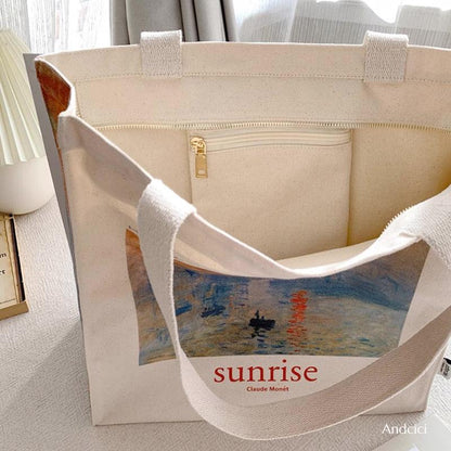 Claude Monet Impression, Sunrise, 1872 Shoulder Canvas Tote Bag with Zip - Andcici