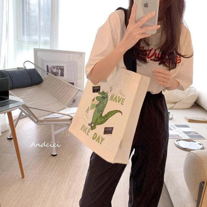 "Have A Nice Day" Crocodile Abstract Art Canvas Tote Bag with Zip - Andcici