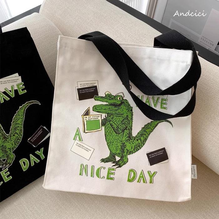 "Have A Nice Day" Crocodile Abstract Art Canvas Tote Bag with Zip - Andcici