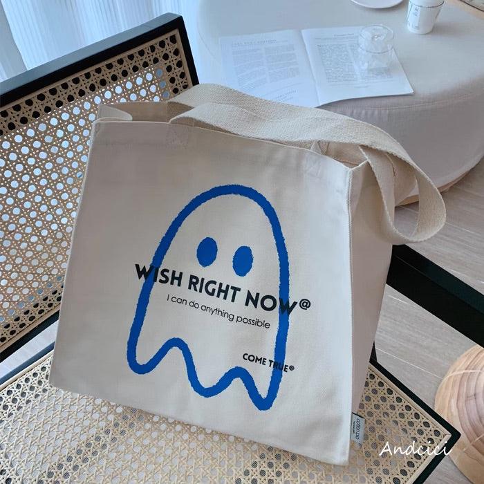 The Friendly Affirmation Ghost Cute Art Canvas Tote Bag with Zip - Andcici