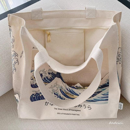 Katsushika Hokusai The Great Wave off Kanagawa, 1831 Shoulder Canvas Tote Bag with Zip - Andcici