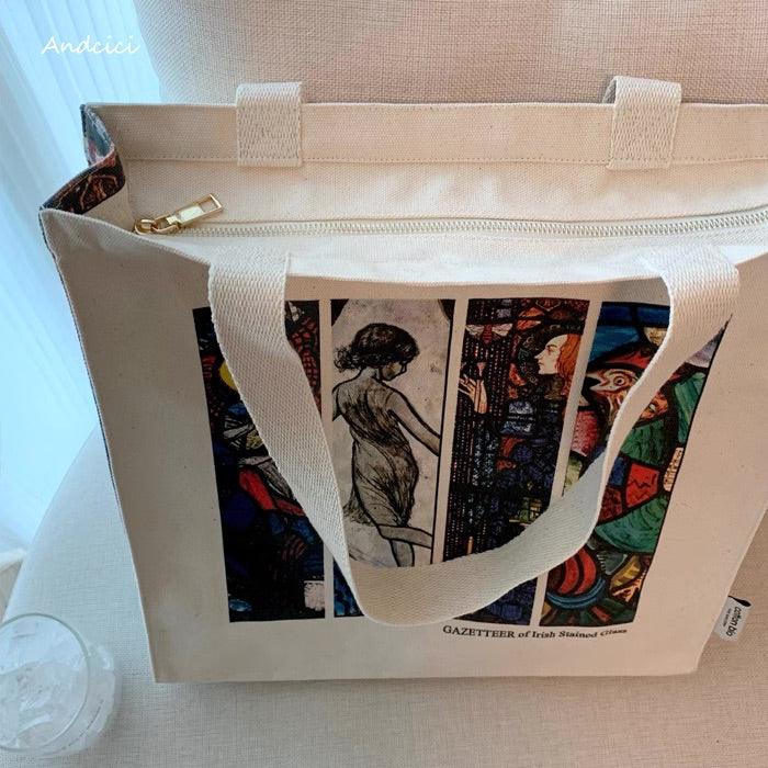 Gazetteer of Irish Stain Glass Book Cover Shoulder Canvas Tote Bag with Zip - Andcici