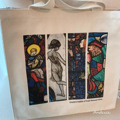 Gazetteer of Irish Stain Glass Book Cover Shoulder Canvas Tote Bag with Zip - Andcici