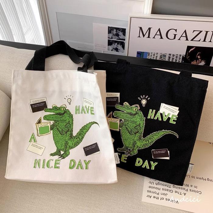 "Have A Nice Day" Crocodile Abstract Art Canvas Tote Bag with Zip - Andcici