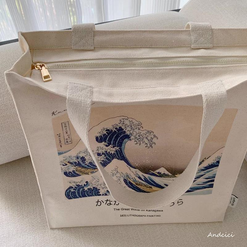 Katsushika Hokusai The Great Wave off Kanagawa, 1831 Shoulder Canvas Tote Bag with Zip - Andcici