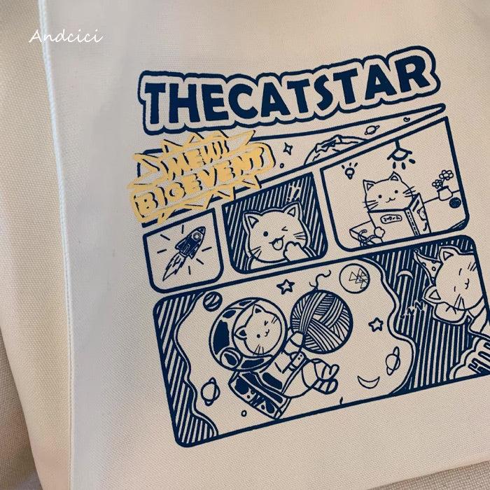 THE CAT STAR Cute Cat Comic Art Canvas Tote Bag with Zip - Andcici