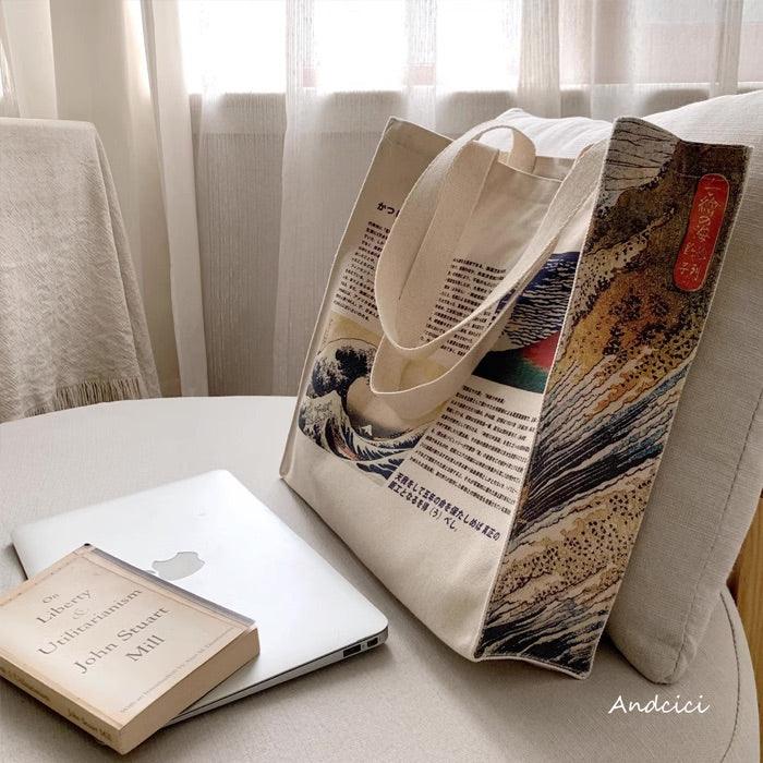 Katsushika Hokusai The Great Wave & Red Fuji Shoulder Canvas Tote Bag with Zip - Andcici