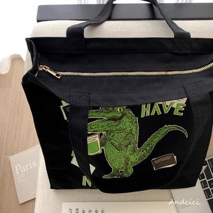 "Have A Nice Day" Crocodile Abstract Art Canvas Tote Bag with Zip - Andcici