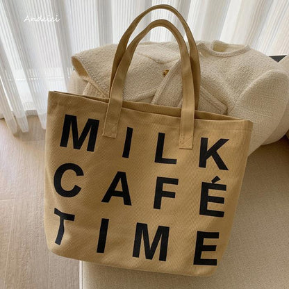 Milk Café Time Aesthetic Canvas Tote Bag with Zip - Andcici